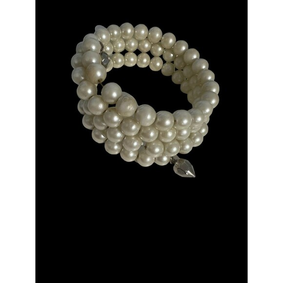 Boho Bracelet White Multi Strand Goldtone Beaded Wire Wrap Cuff Bangle 8 Strand - Picture 3 of 9